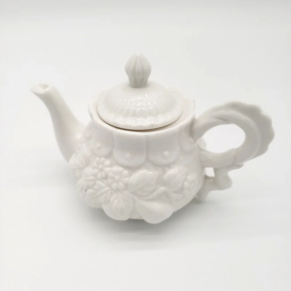 Cottagecore Embossed White Porcelain Small Teapot & Sugar Bowl Floral Vintage